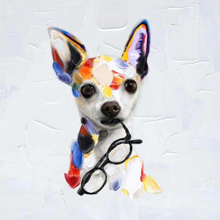 Cute Dog with Glasses Cartoon Oil Painting