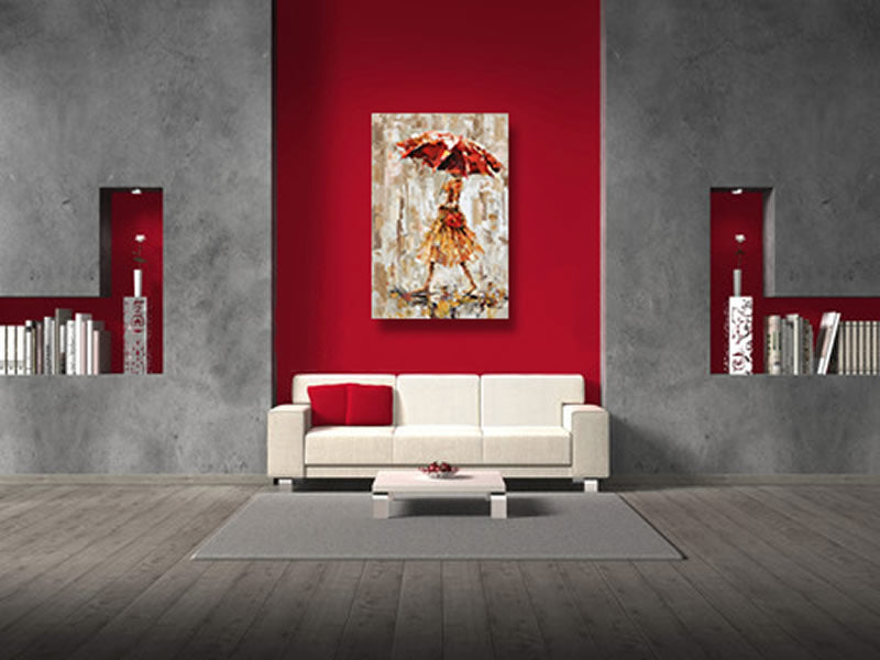 Girl in Rain Wall Art Red Umbrella Oil Painting